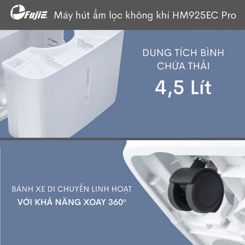 FujiE HM-925EC Pro có bình chứa lớn, bánh xe di chuyển